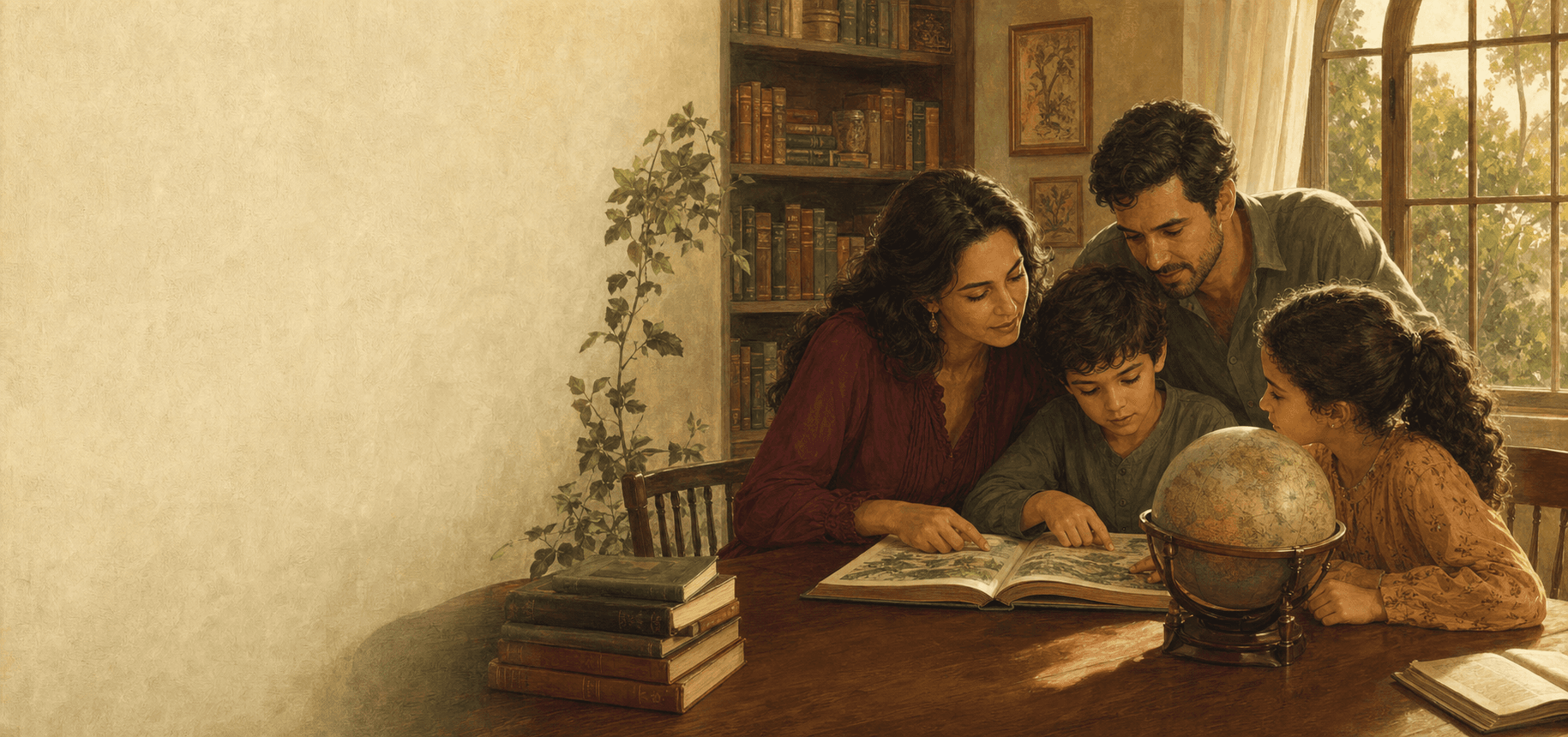 Família reunida em casa estudando com livros e um globo